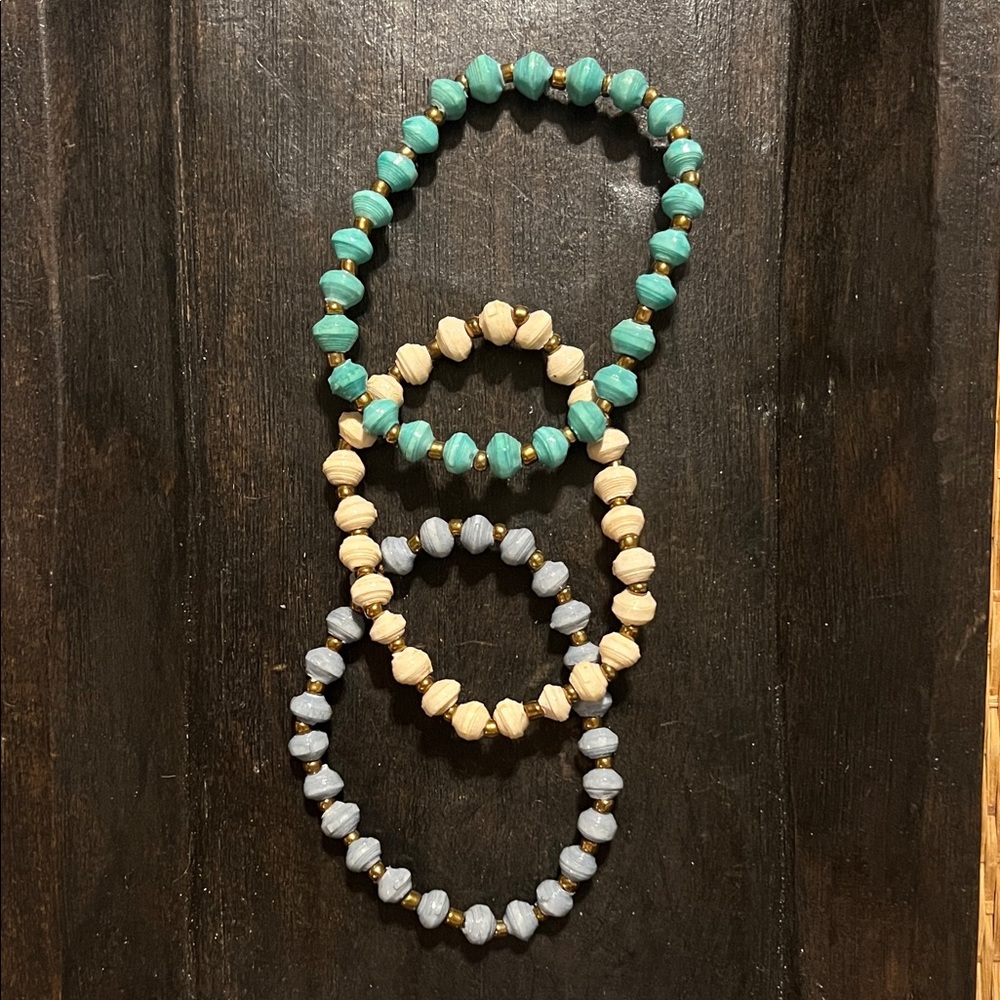 Kids Turquoise, Cream & Blue Paper Beaded Stretch Bracelet Set